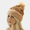 thumbnail image 2 of Glisme Winter Hat Women Sequin Hat Warm Solid Knit Hat Removable Hairball Wool Hat Versatile Headgear Khaki, 2 of 7
