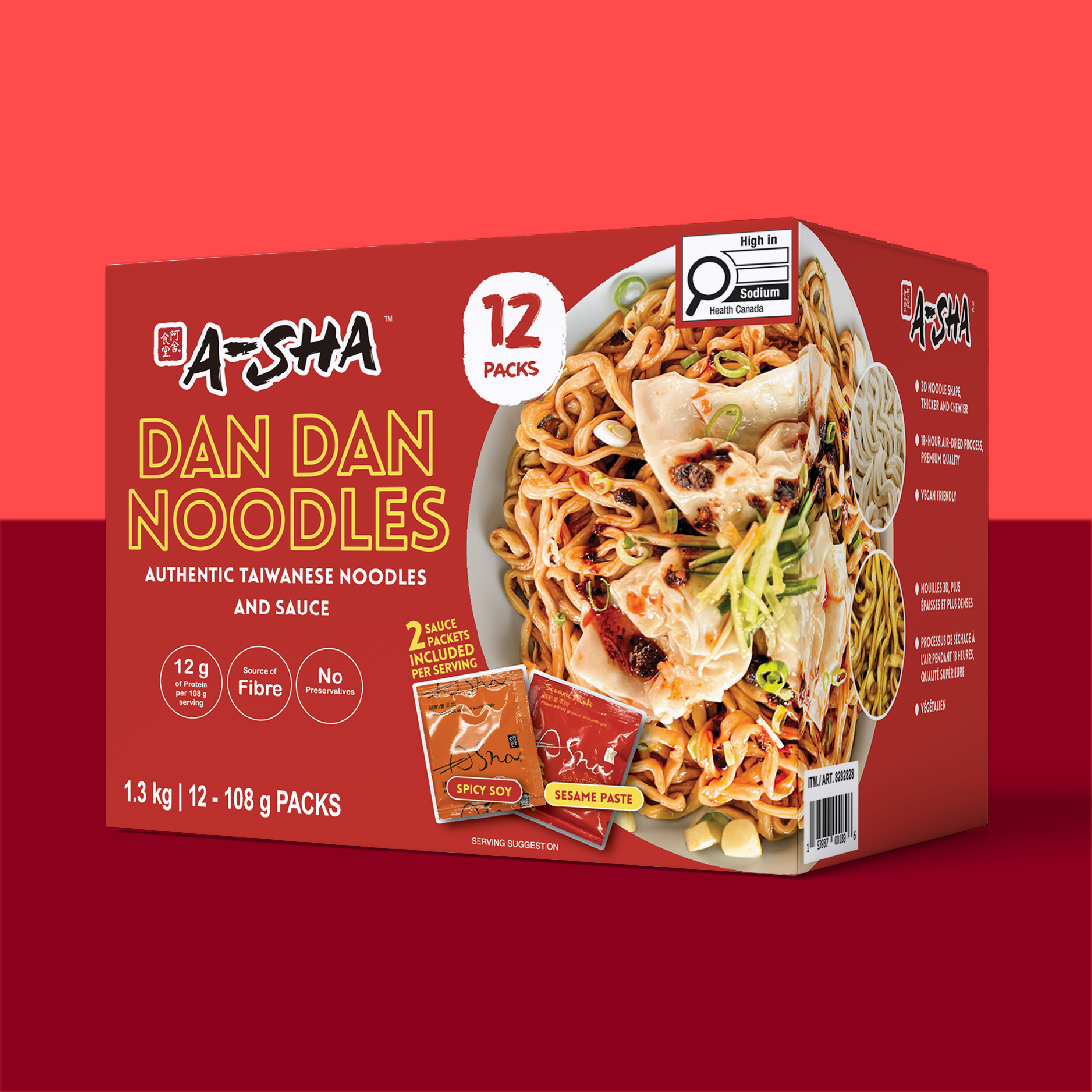 A-Sha Meteor Noodle with Dan Dan Sauce (12 Packs), Spicy Soy Sauce