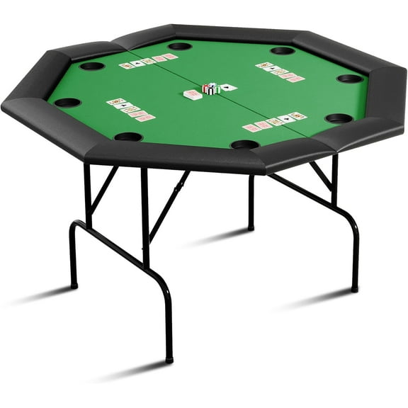 Poker Table w/Metal Legs, Octagon Poker Table 8 Cup Holders, Blackjack Gaming Table with Water-Resistant Cushioned Rail