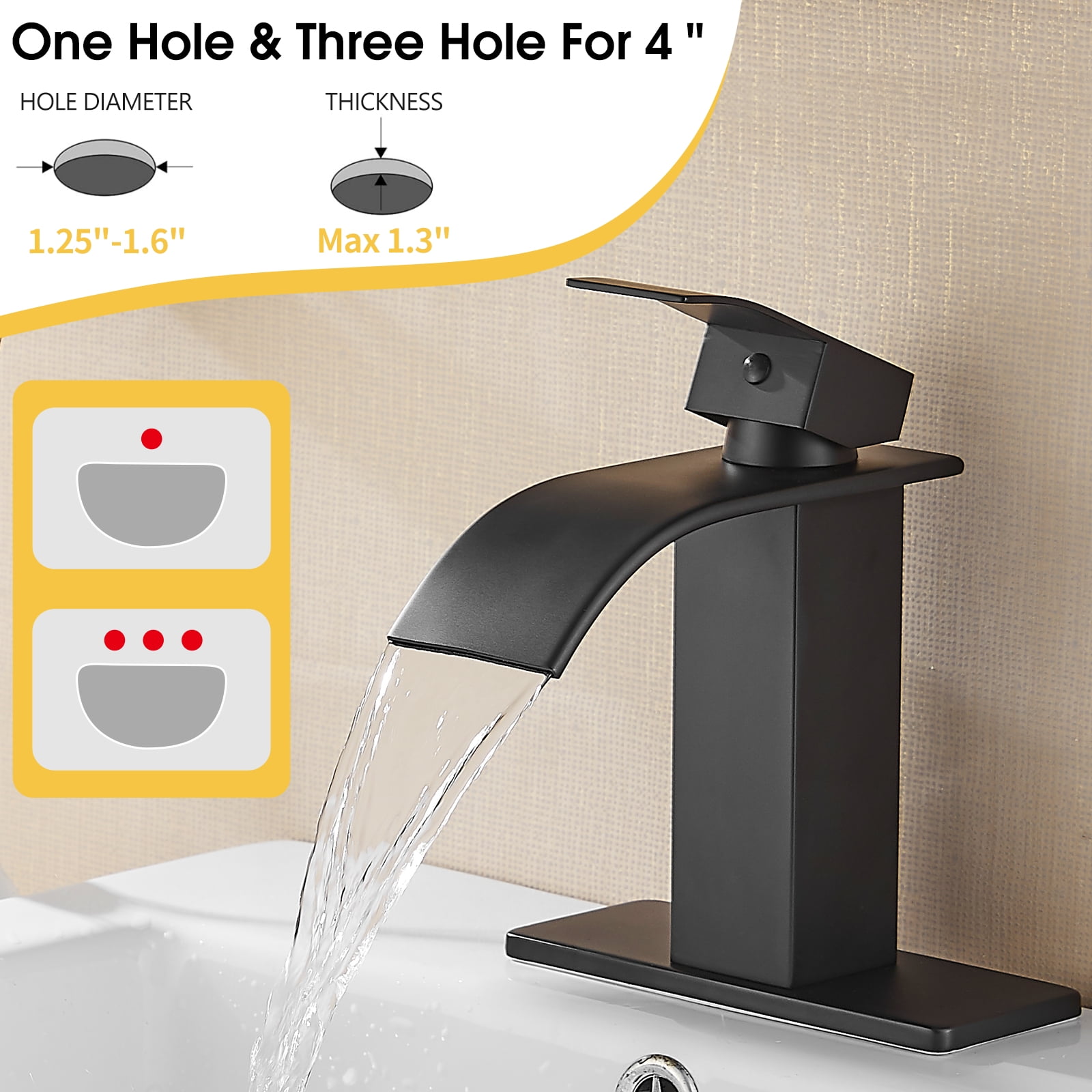 Kede Black Waterfall Bathroom Faucet Lavatory Single Handle 1 or 3 Hole Bathroom Sink Faucet Washbasin Faucet with Deck and Pop-up Drain