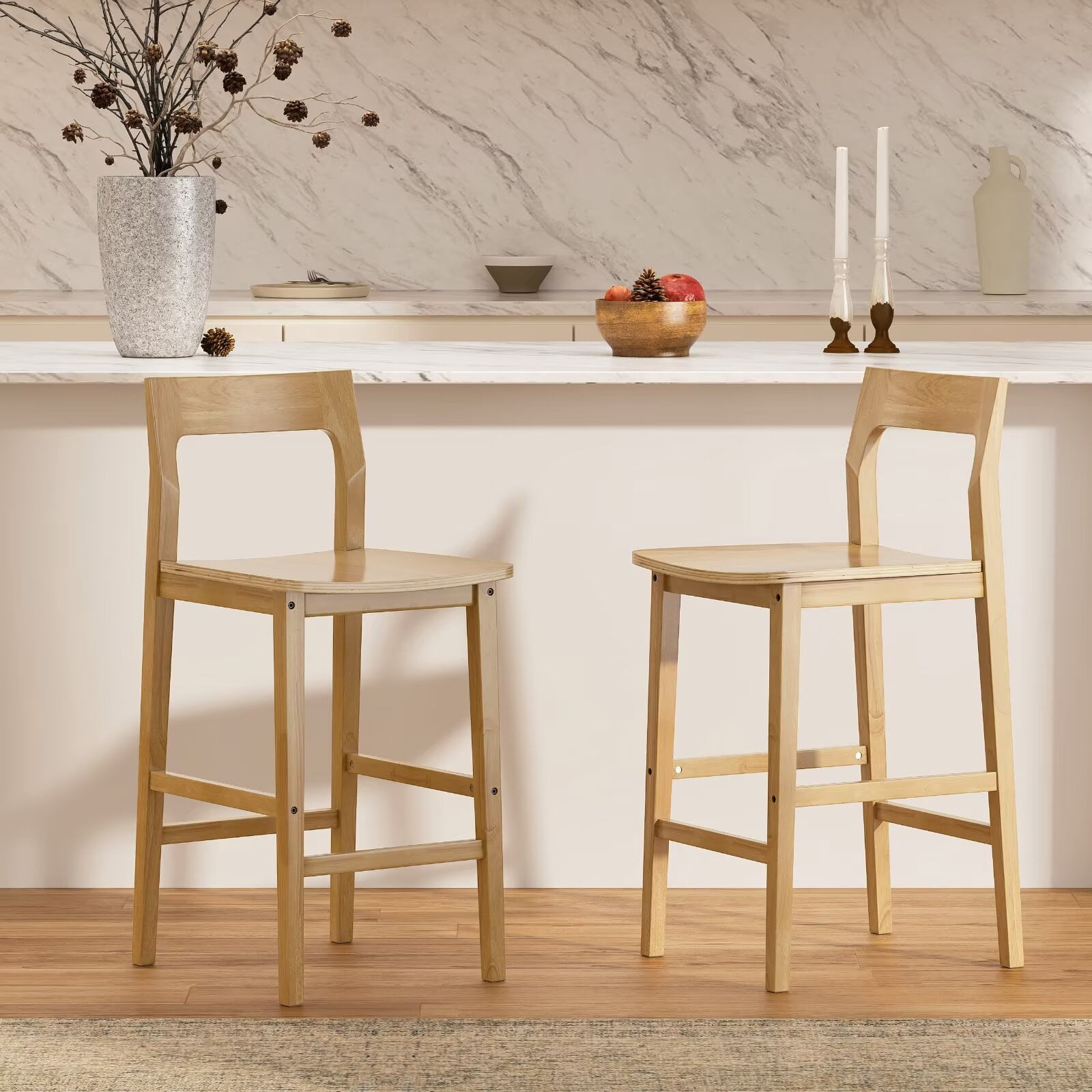 EYYTHUNG Set of 4 Modern Farmhouse Bar Stools 25 inch Mid-Century Solid Wood Counter Height Stools with Back Support Barstools Chairs for Kitchen Dining Room, Natural Oak