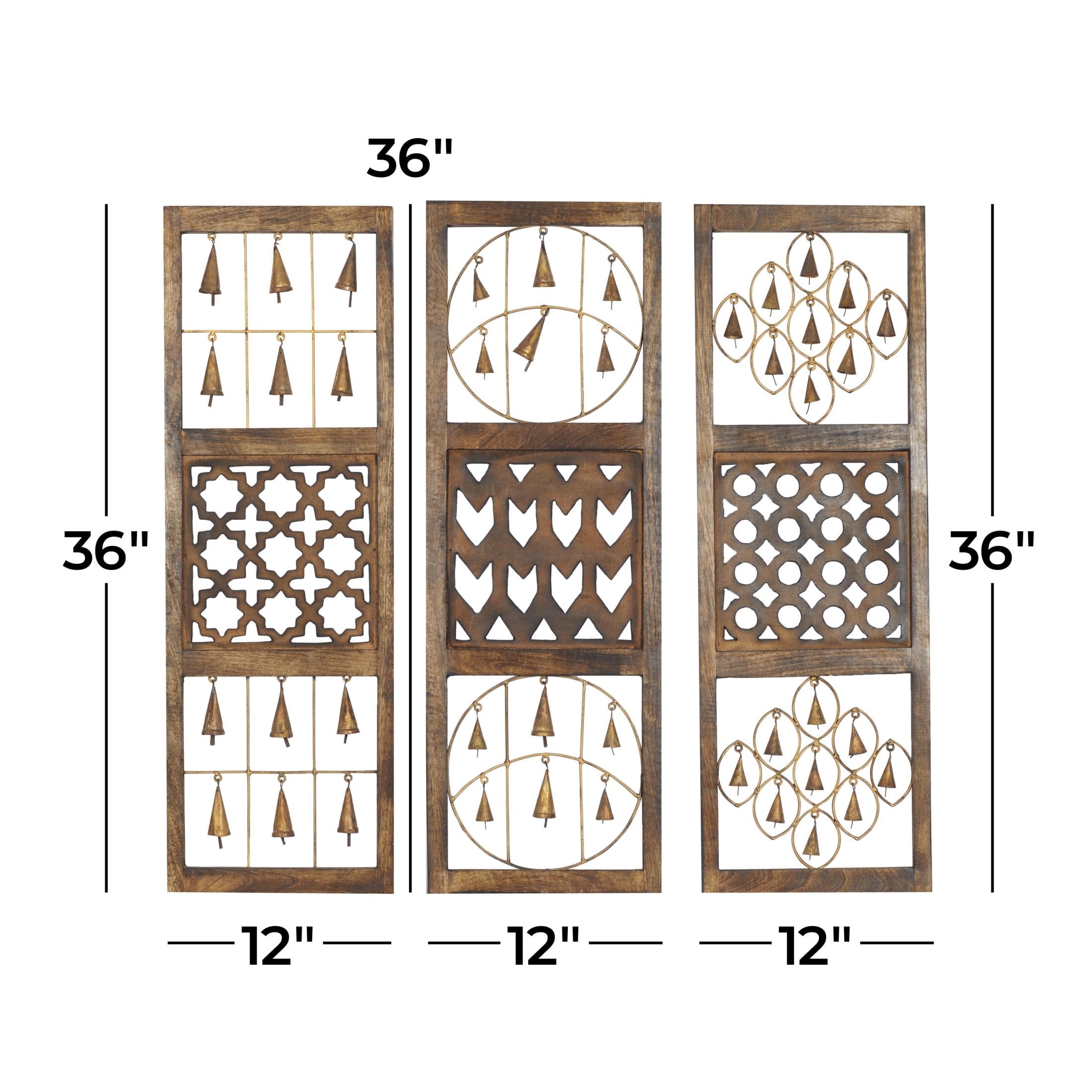 DecMode Farmhouse Carved Wood Cutouts with Hanging Bells Wall Décor, Set of 3 12"W x 36"H