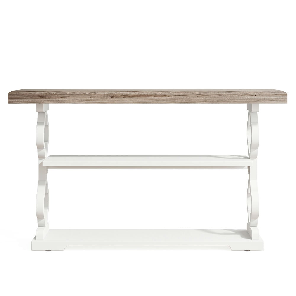 Yardi Yarda Farmhouse Console Table, 55" Entryway Sofa Table with Storage Shelves, White+Brown