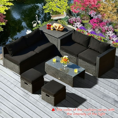 Gymax 8pcs Rattan Patio Sectional Furniture Set W Waterproof Cover Black Cushions Canada - Brown Patio Furniture With Black Cushions