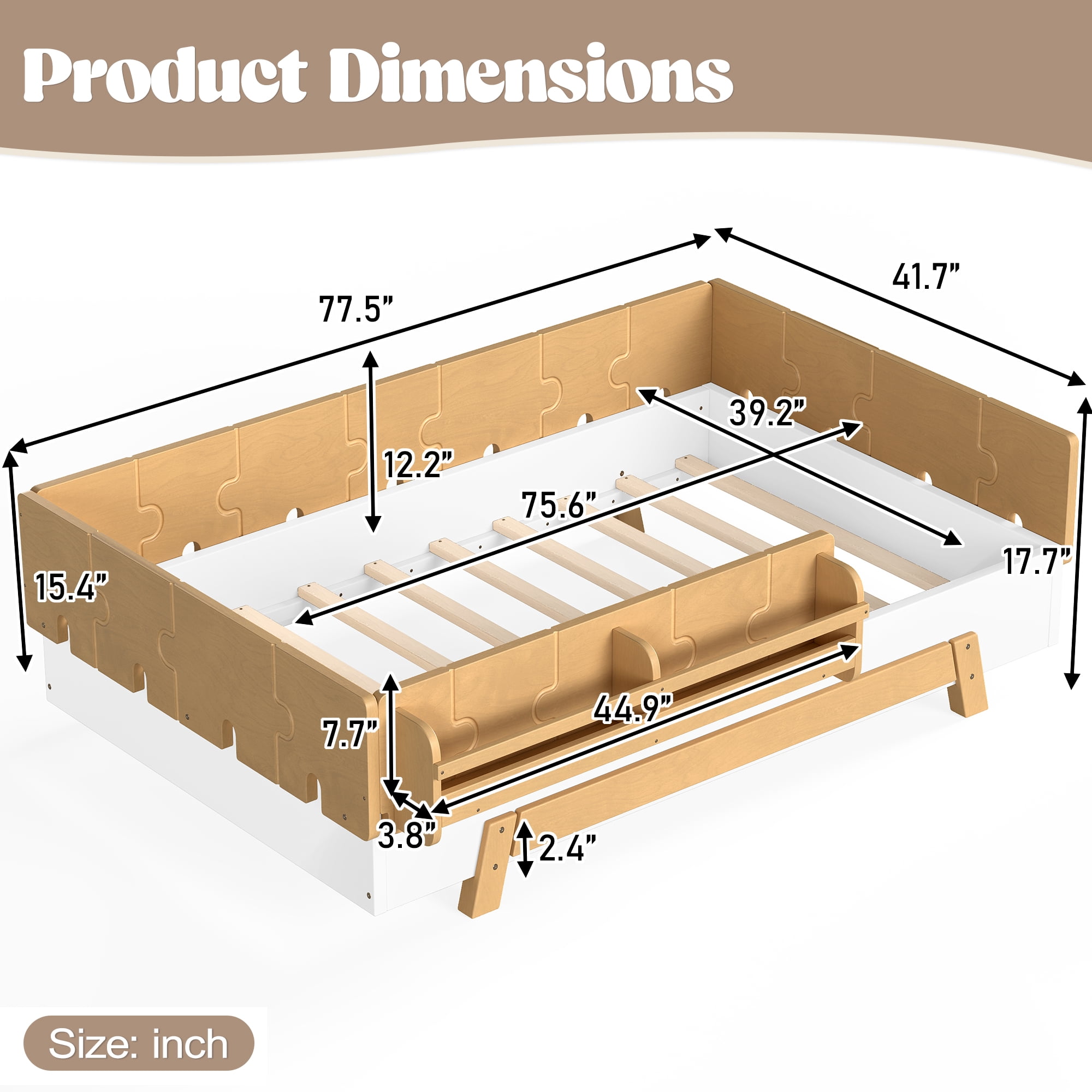 Mintazer Twin Size Montessori Floor Bed Frame, Kids Puzzle Block Design Platform Bed with Guardrails & Bookshelf for Bedroom, Natural & Beige