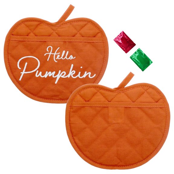 Orange Pumpkin Shaped Oven Mitt Set of 2, Fall Autumn Harvest Thanksgiving Halloween Decorations, Party Gifts Favor Quilted Mitten Potholder Home Kitchen Baking Cooking w/ 2 Snoep in Beperkte Oplage