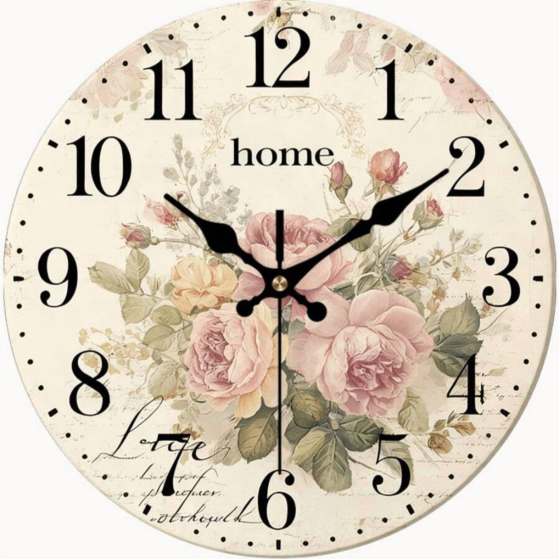 Vintage Floral Rose Round Wall Clock, Shabby Chic Home Silent Non-Ticking Clock, Farmhouse French Country Decor for Kitchen Living Room Bedroom