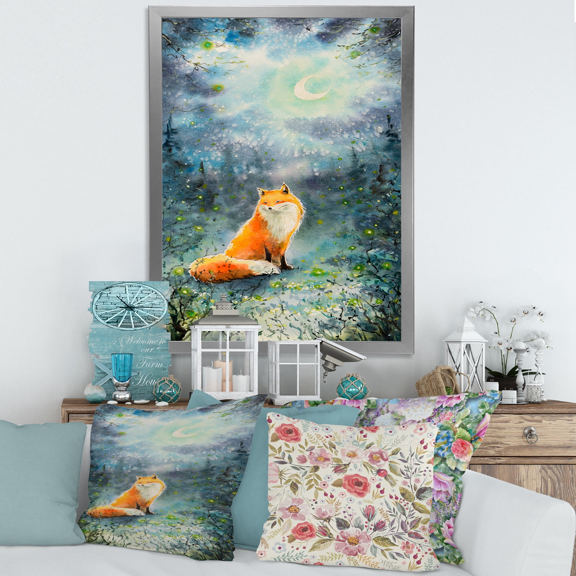 Designart 'Fox Over A Night Sky With Moon' Children's Art Framed Art Print