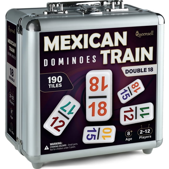 Mexican Train Dominoes Set with Numbers - Double 18 Dominos Set for Adults and Kids - Mexican Dominoes Train Game Night Games for Adults with Wooden Hub and Aluminum Case