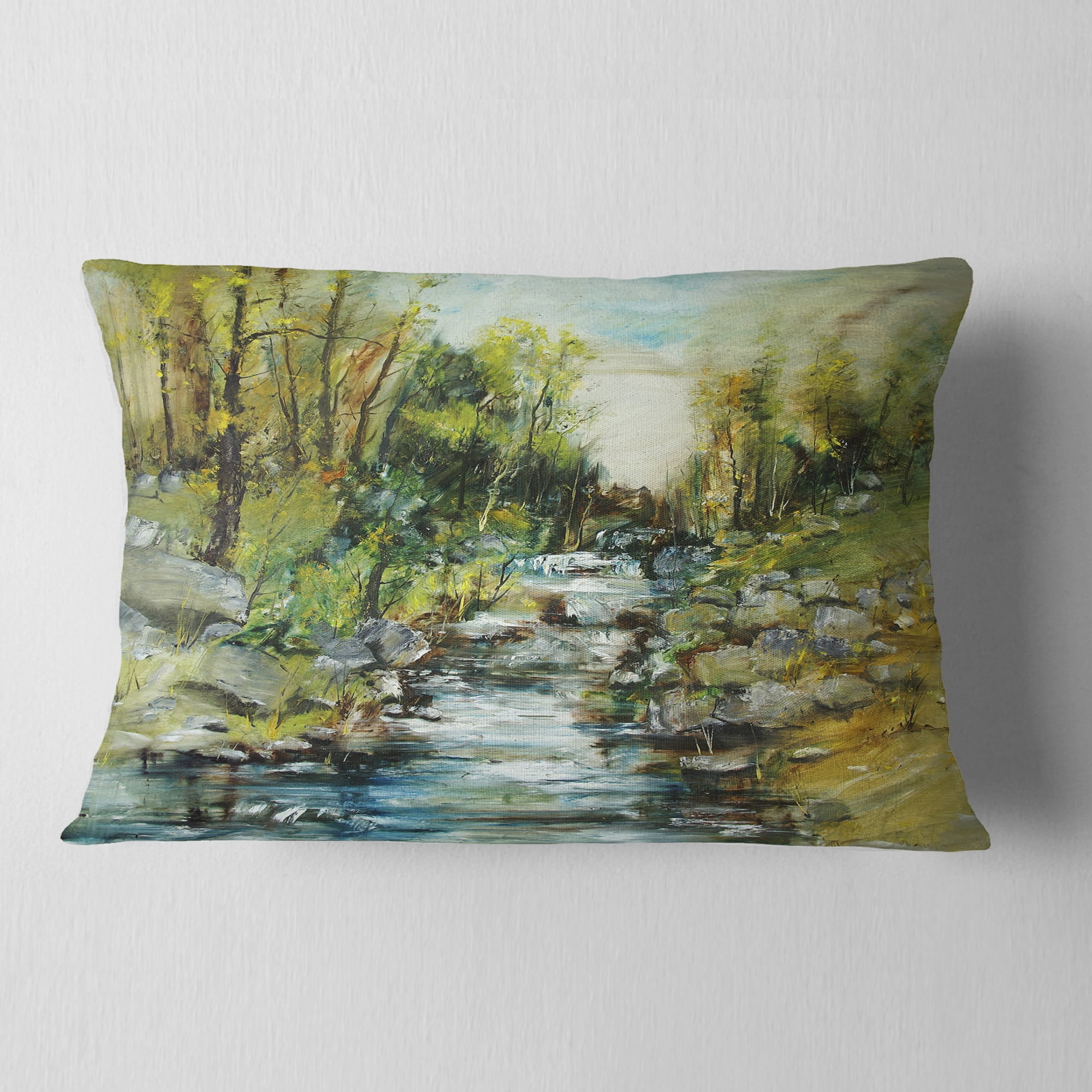 Designart Rocky Terrain with Creek - Landscape Painting Throw Pillow - 12x20