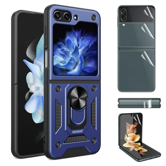 Allytech Phone Case for Samsung Galaxy Z Flip 5 5G with 1 Set Screen Protector - Military Grade Protection Shockproof Ring Holder Stand Anti-Scratch Hybrid Cover for Samsung Galaxy Z Flip 5 -Blue