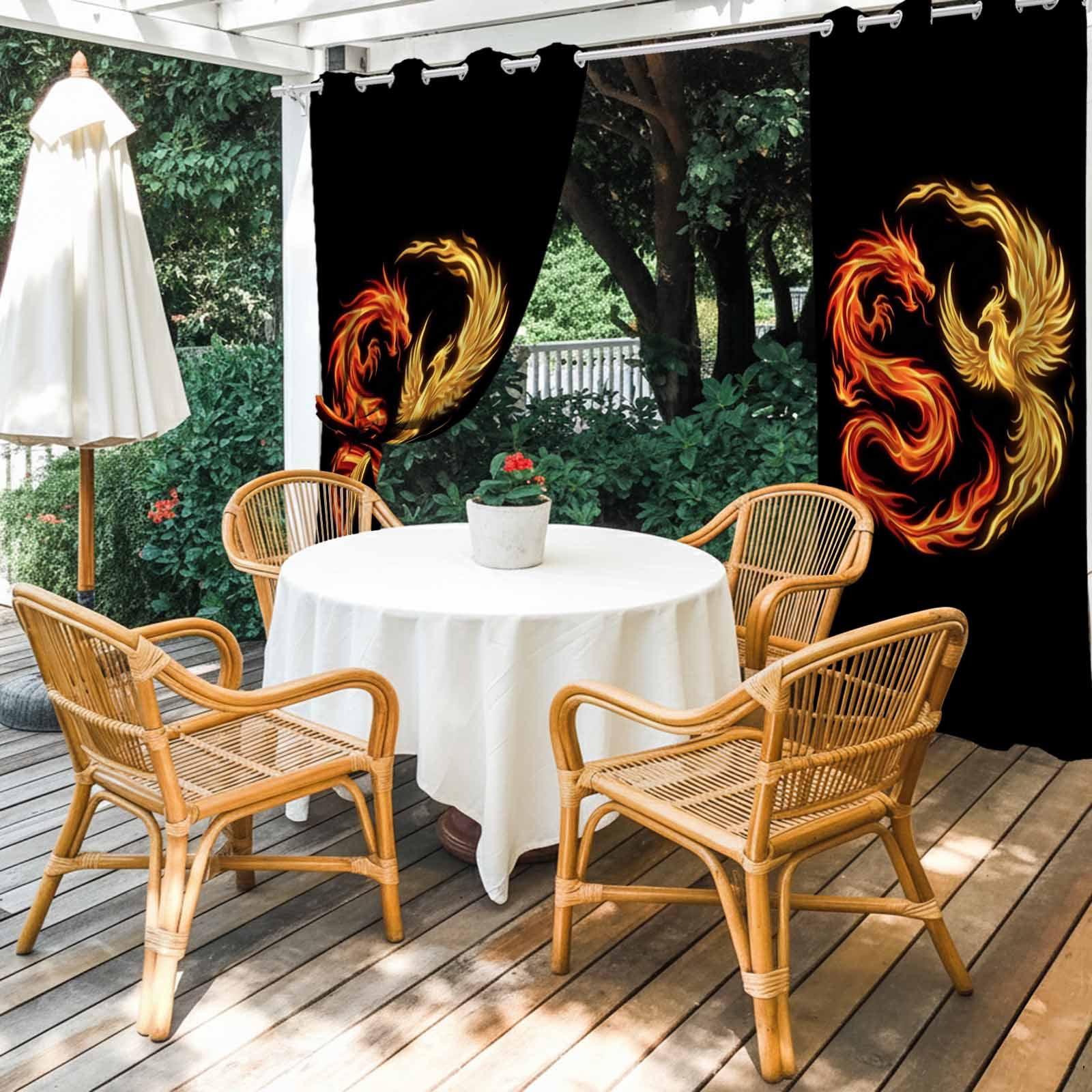 Dragon Phoenix Outdoor Curtains for Patio, Modern Mythical Mysterious Gold Red Symbolic Black Sunshade Privacy Drapes Grommet Waterproof Outside Curtains for Porch/Cabana/Balcony 54"x 108", 1 Panel