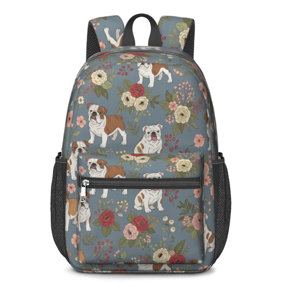 Bulldog and Floral Blue Pattern 17" School Backpacks for Teens,Waterproof Oxford Fabric,S-Shape Padded Straps for School,Travel,Hiking,Camping