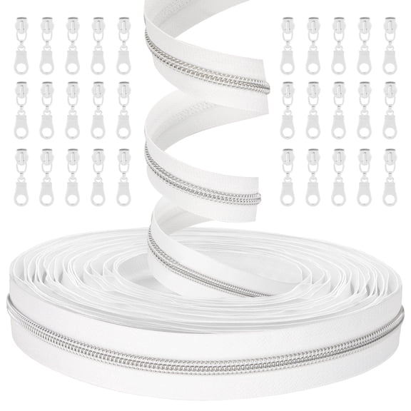 TSV 19.7ft Nylon Zippers Tape, Sewing Crafting White Zipper with 30pcs Metal Sliders