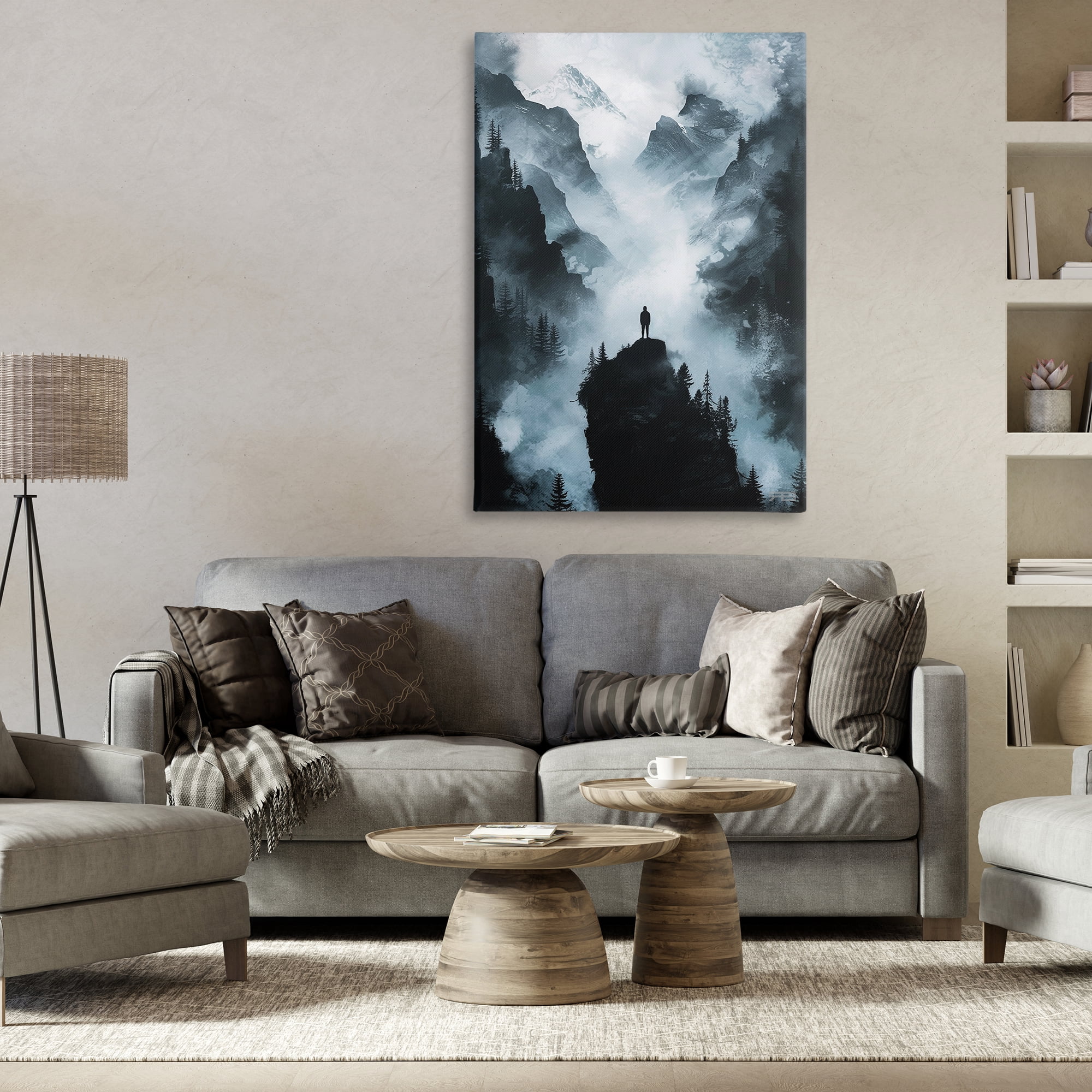 Stupell Industries Man on Intense Cliff Landscape & Nature Painting Wrapped Canvas Art Print Wall Art, 30 x 45