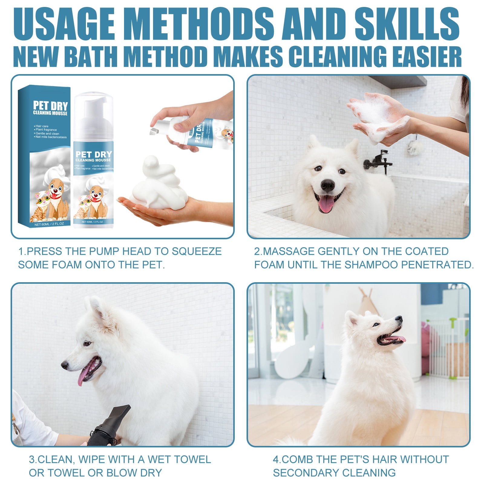 Alvantor Waterless Pet Dry Shampoo Mousse for Dogs & Cats, 2 fl. oz