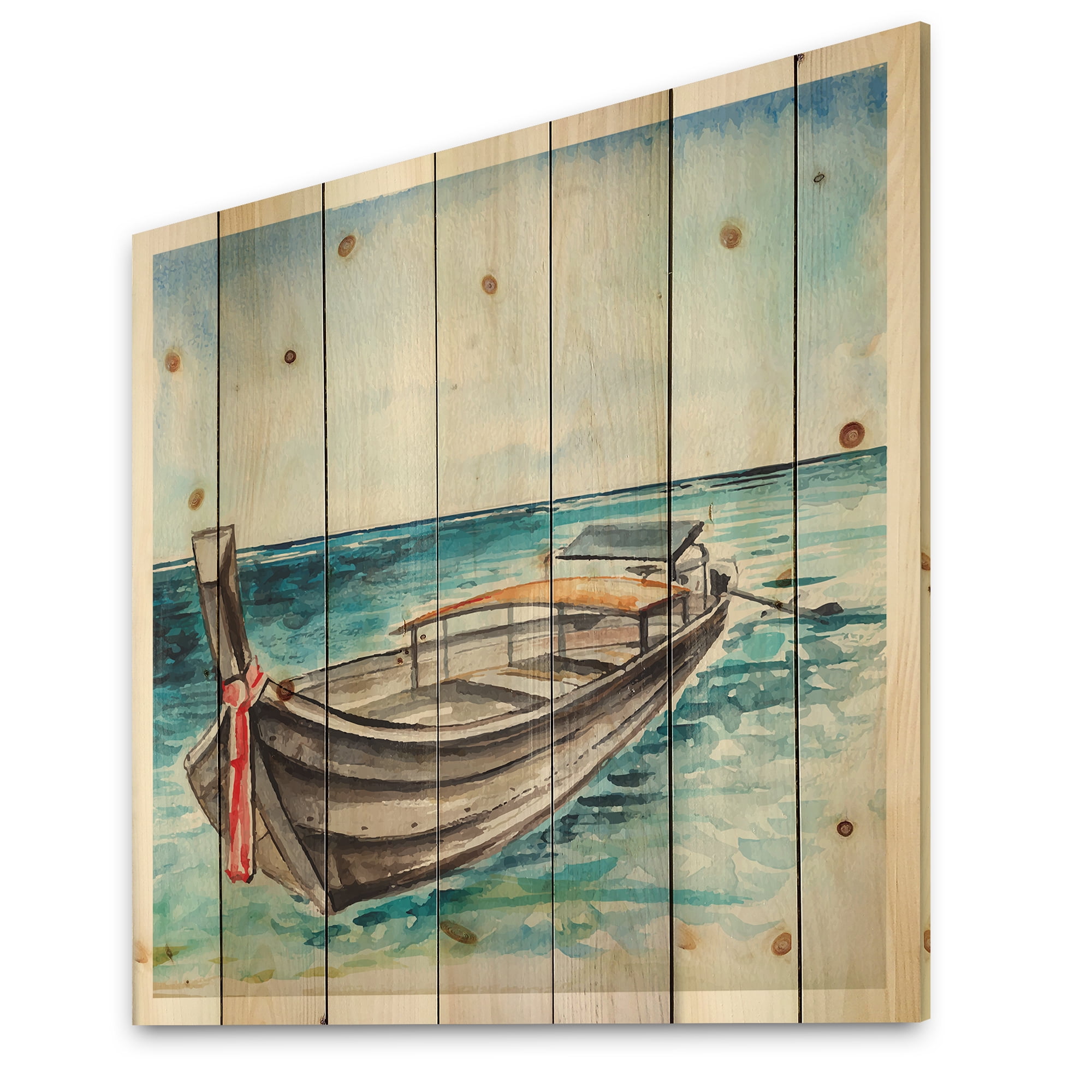 Designart 'Little Boat At The Lake Shore' Nautical & Coastal Print on Natural Pine Wood