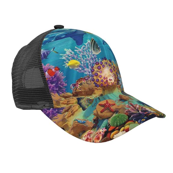 Lsque Sea World Printed Trucker Hat - Baseball Cap for Men Women - Breathable Mesh Side, Adjustable Fit - for Casual Wear