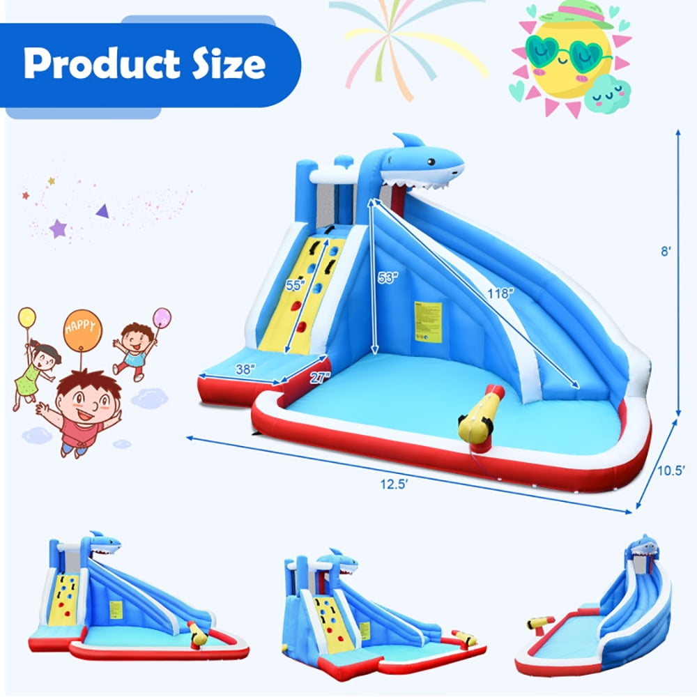 Aimee Lii Inflatable Shark Bounce House with Water Slide and Climbing Wall without Blower, Bounce House Water Slide for Kids 5-12