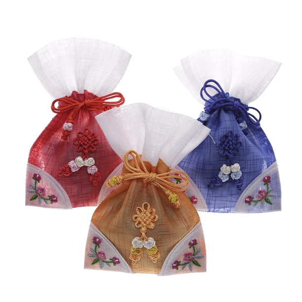 Bolsa de regalo con cordón de malla bordado coreano de 12 x 19 cm, 3 unidades