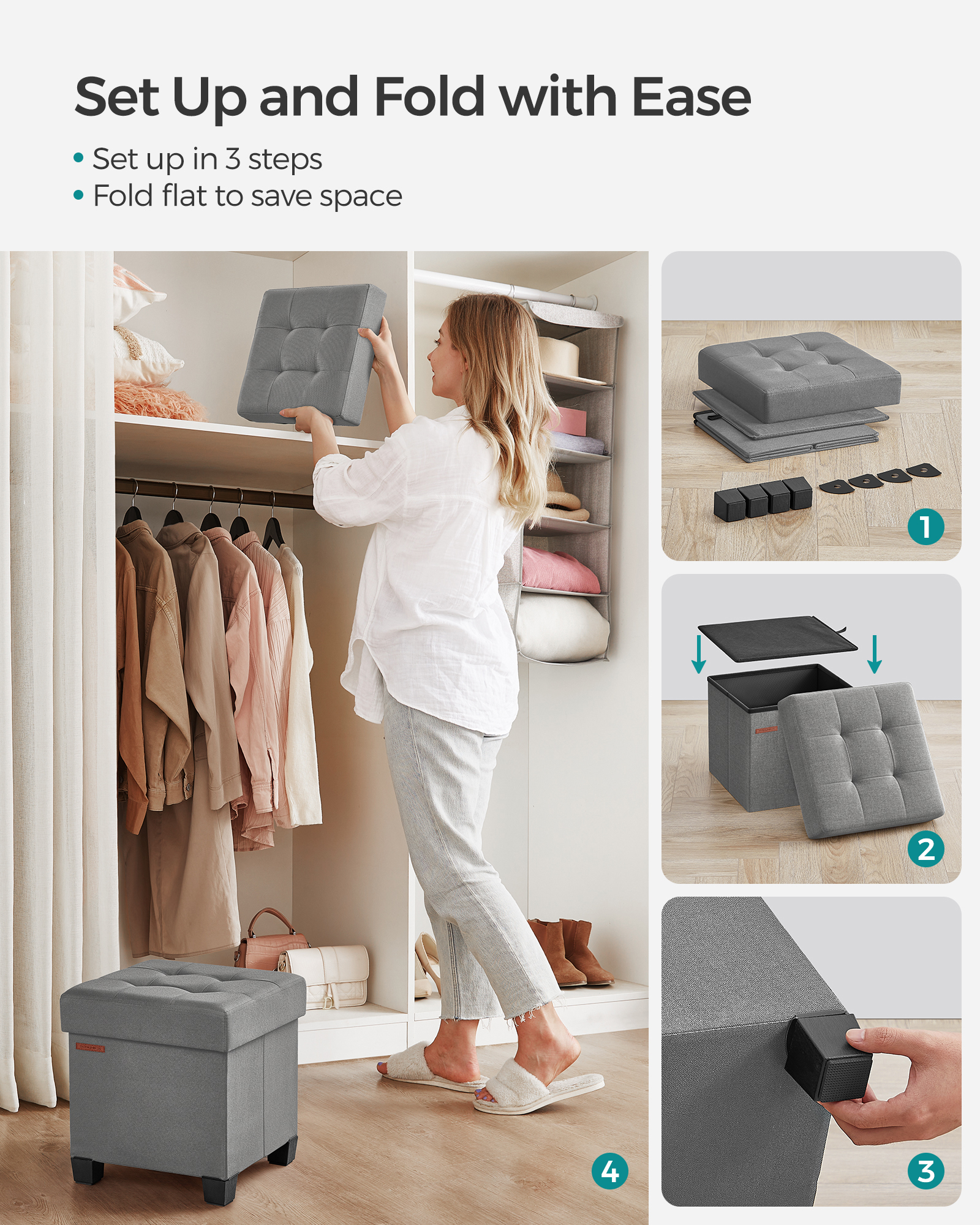 Folding Storage Ottoman Bench with 660lb Capacity, 15x15x15.7 Inch Footrest & Seat, Linen-Look Fabric for Living Room & Bedroom, Dove Gray