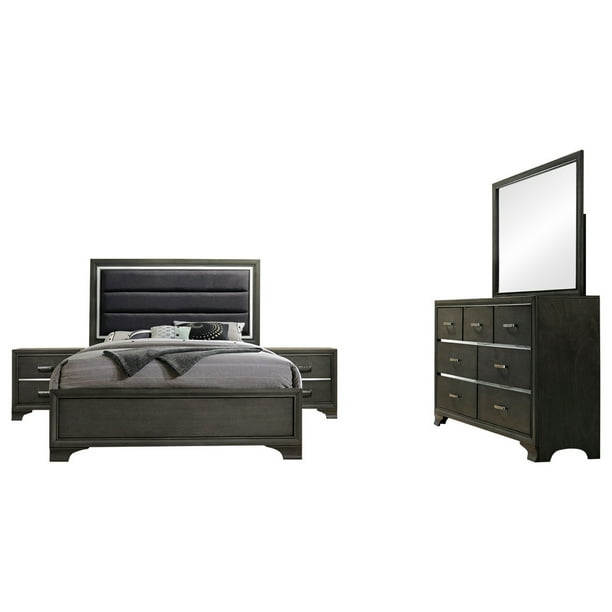 Sonata 5 Piece Bedroom Set, King, Gray Wood & Faux Leather, Modern ...