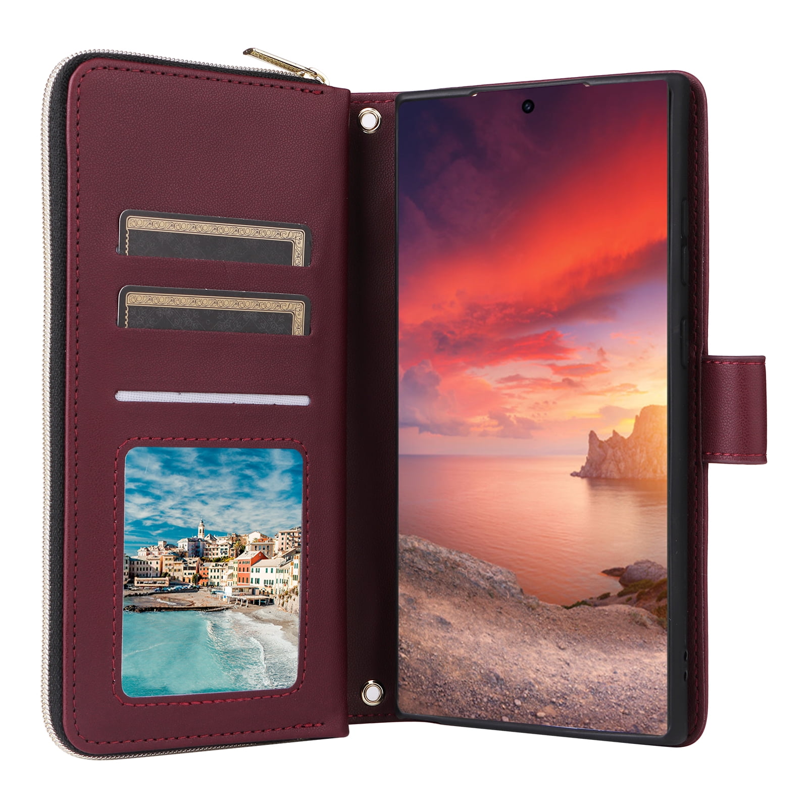 Compatible for Samsung Galaxy S24 Ultra Wallet Case, Crossbody Strap PU Leather Folio Phone Cover, Zipper Handbag Purse with Card Holder Lanyard Flip Stand for Samsung Galaxy S24 Ultra, Winered