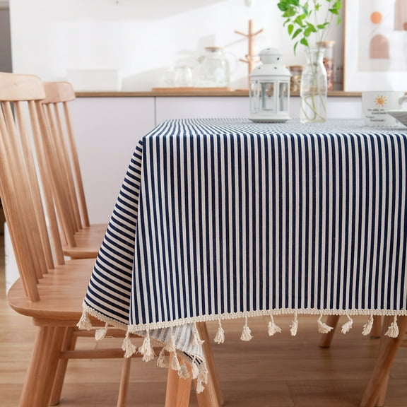 ERDOUY Blue Striped Small Fresh Countryside Style Tablecloth, Home Tea Table Cover, Tassel Lace ,140 * 140cm