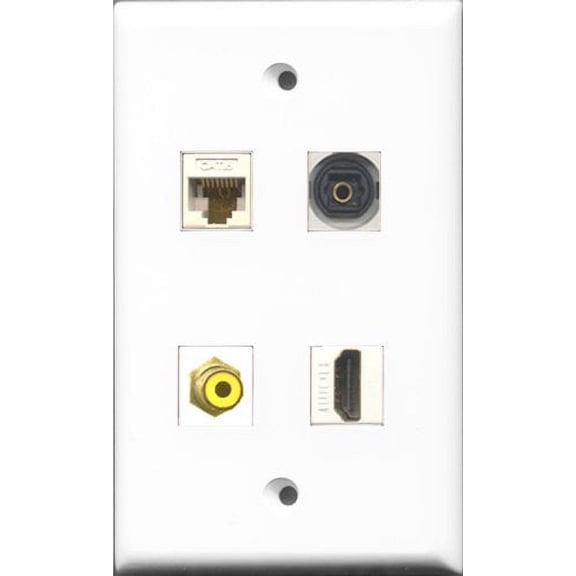 RiteAV 1 Port HDMI and 1 Port RCA Yellow and 1 Port Toslink and 1 Port Cat6 Ethernet White Wall Plate