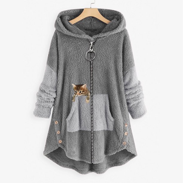 ICHUANYI Liquidación Mujer Tallas grandes Casual Bolsillos Alto Bajo Manga larga Abrigo con capucha Tops ICHUANYI WER2023082202274