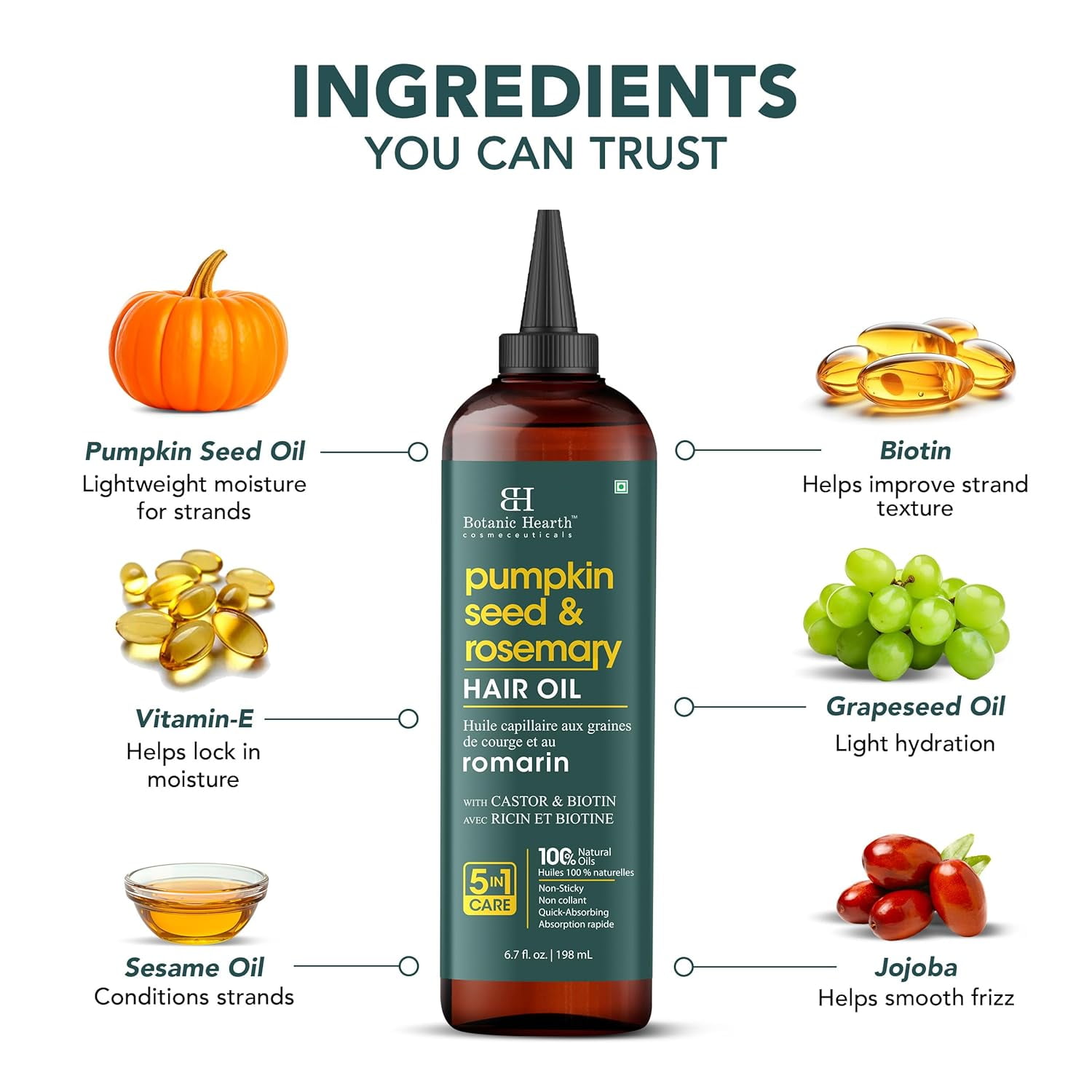Botanic Hearth 100% Pure Rosemary Pumpkin Seed Oil for Hair Growth, Strengthening Hair Oil for Dry, Damaged, Thinning Hair, Nourishing Hair Tonic for Stronger & Healthier Scalp, Hair Serum, 6.7 fl oz