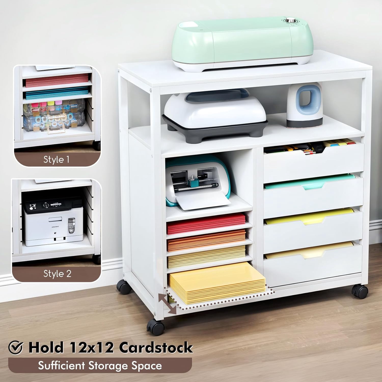 Craft Organizer Storage Cart, Rolling Cart Organizer, Vinyl Roll Holder and Cutting Machine Storage Cabinet, Craft Cart with Drawers for Craft Room Organizer 32" W x 16" D x 34" H