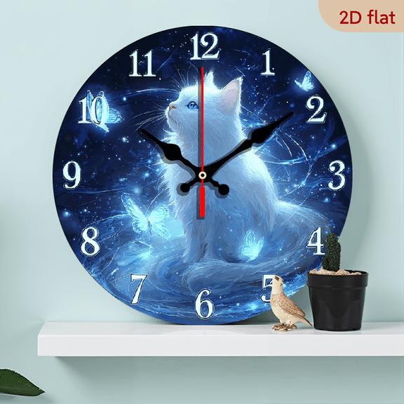 Silent Wall Clock Non-Ticking Wooden, Decorative Circular Clock Fantasy Cat Design for Kitchen, Home Office, Library, Hallway, Apartment 10inch