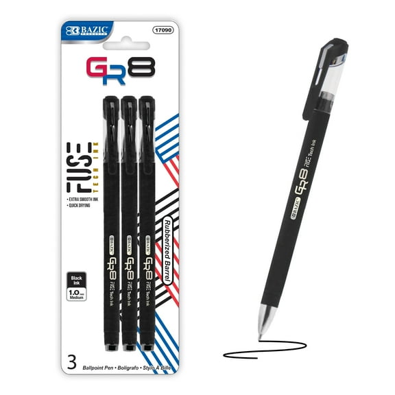 BAZIC GR8 Black Fuse Tech Ink Pen w/ Rubber Barrel, 0.7 mm, (3/Pack), 24-Pack
