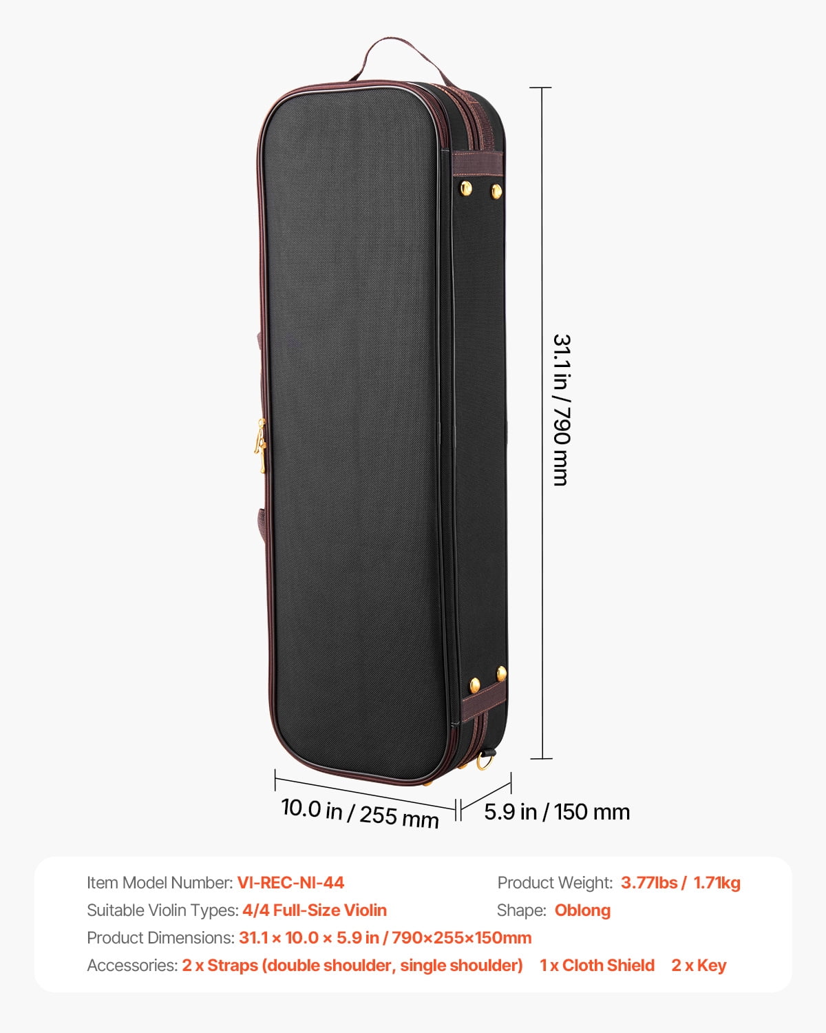 VEVOR 4/4 Full Size Violin Case, Built-in Hygrometer, Lightweight Portable Travel Carrying Bag, with Plush Lining, Shoulder Straps, Anti-Scratch, Professional Oblong Shape, for Violin, Black