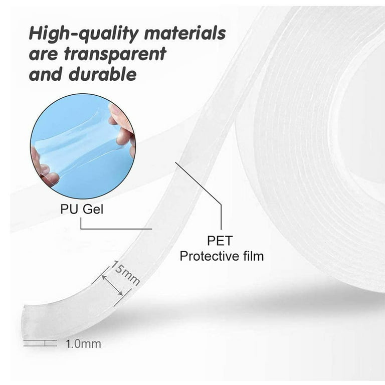 GreenFix Double Sided Tape Heavy Duty - Clear Adhesive Mounting Tape - Washable Removable Rug Tape - Nano Transparent Wall Tape - Waterproof Double
