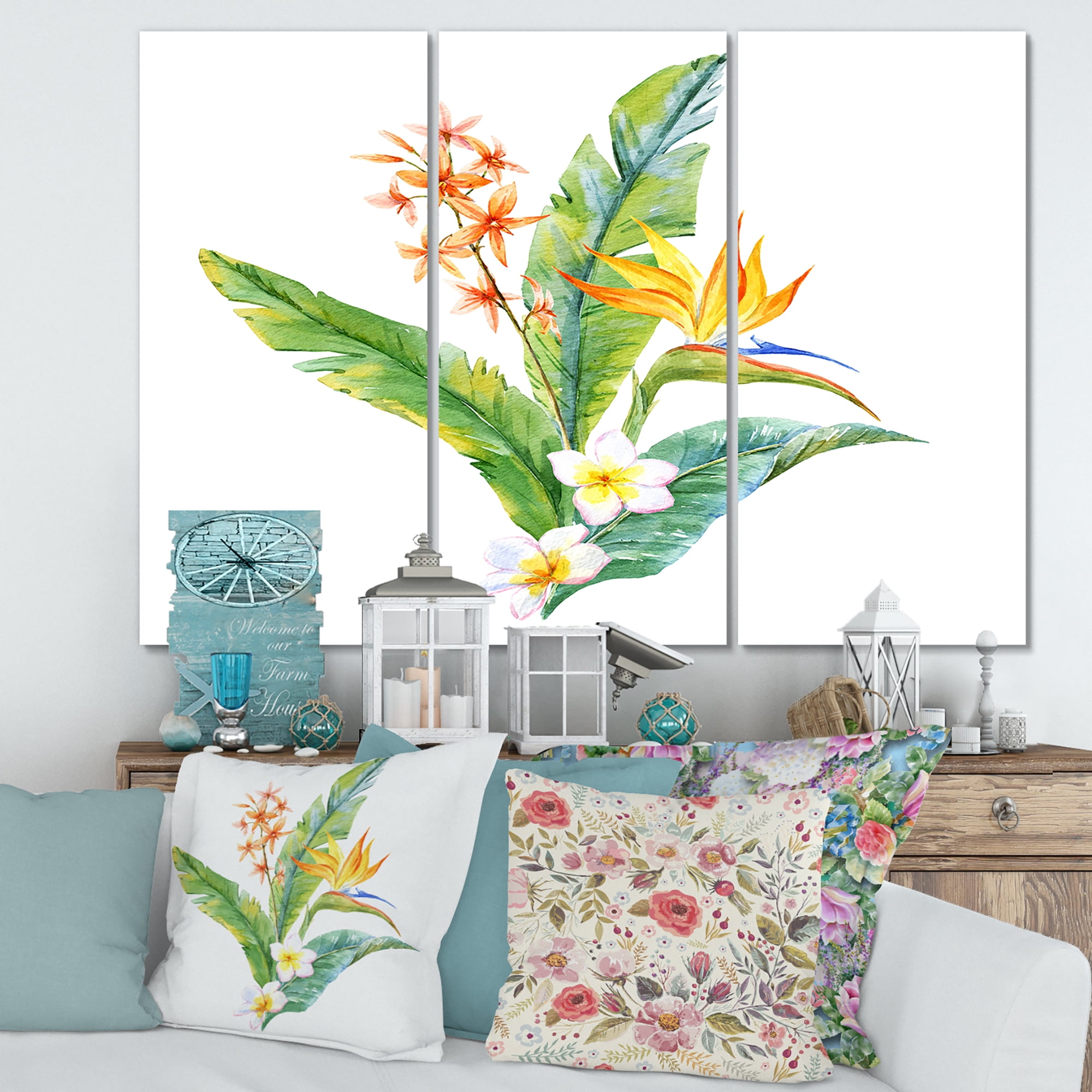 Designart ' Green Leaves With Tropical Yellow Flowers I ' Traditional Canvas Wall Art Print