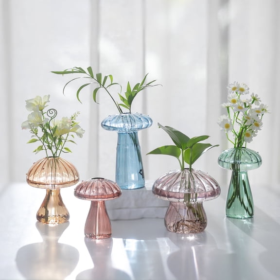 Glasseam Set of 5 Colored Mini Mushroom Bud Vases: Handmade Glass Flower Vases for Centerpieces Unique Terrarium Planter Cute Home Decor Gift for Wedding Baby Shower