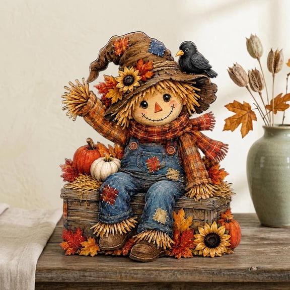 Halloween Scarecrow Freestanding Wooden Tabletop Decoration, Autumn Home Shelf Decor