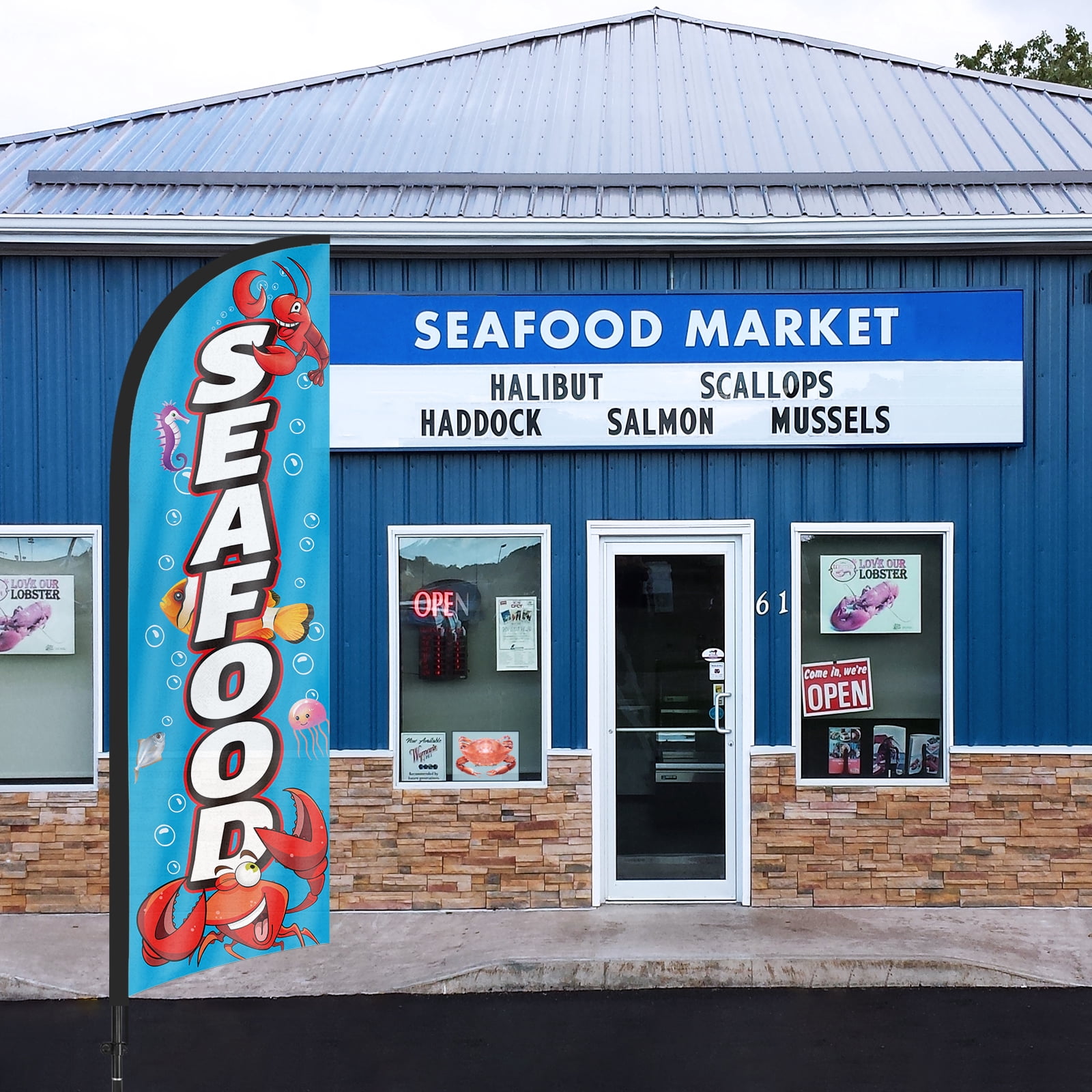 QSUM Seafood Feather Flag with Flag Pole Kit and Ground Spike, 8.2FT Fish Shrimp Windless Flag Banner Sign Business for Outdoor Advertising Sign Decoration Display