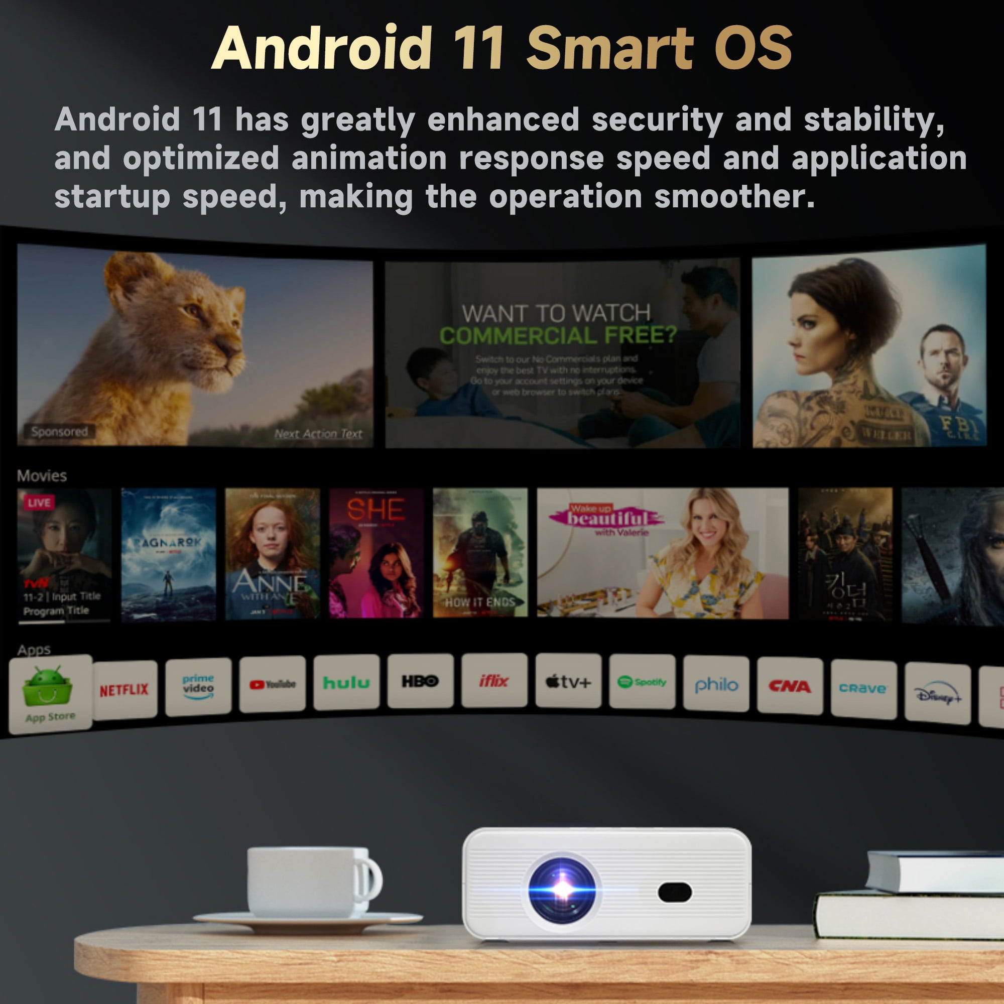 BDQ L012H Mini Projector, 1080P (Supports 4K), WiFi 6.2 dual-band, Bluetooth 5.2, Android 11, 170 ANSI, 120 in big screen, White