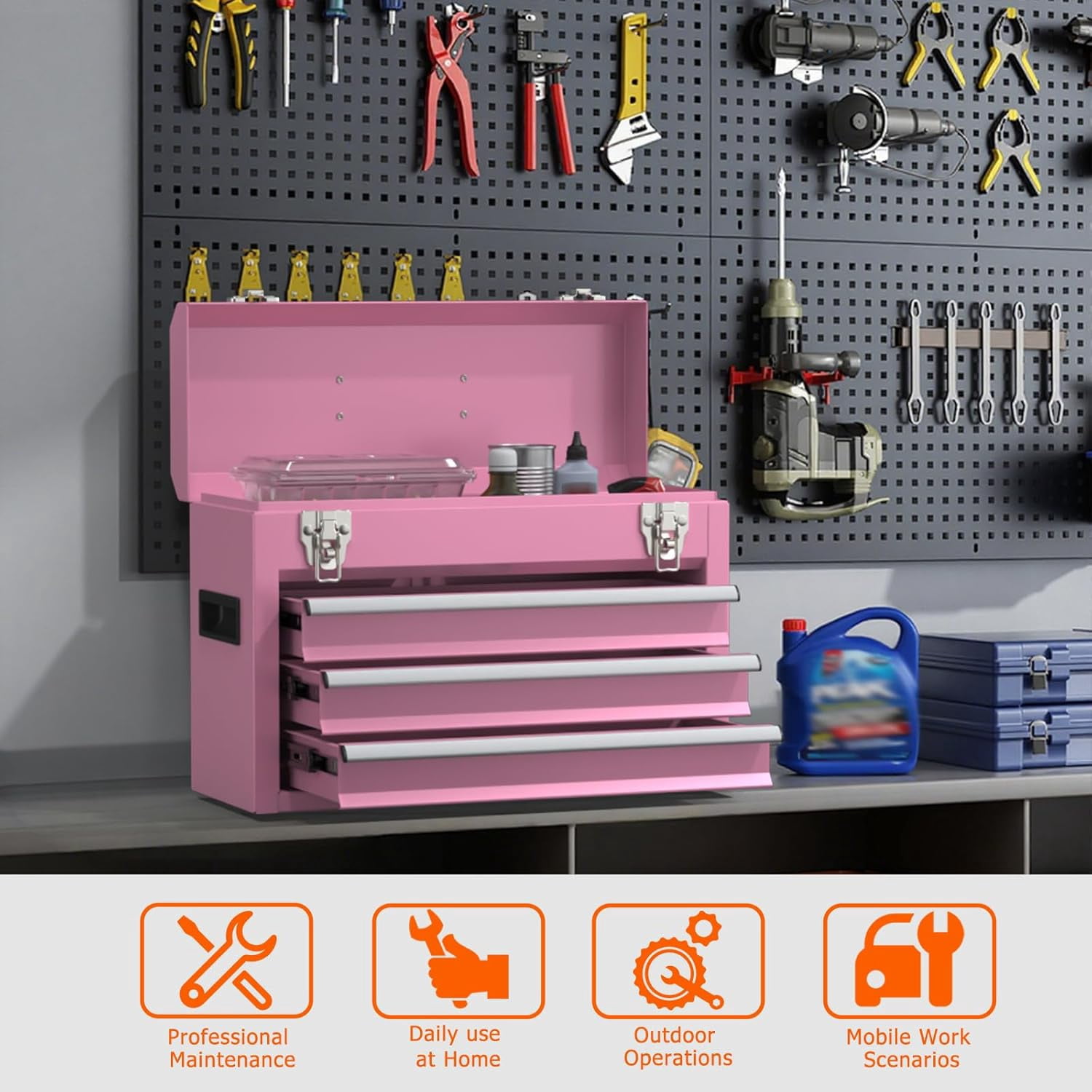 Portable Metal Tool Box with Drawers, Latches Tool Box with EVC Liners, Heavy Duty Tool Chest with Powder Coating for Garage, Office and Home (Pink)