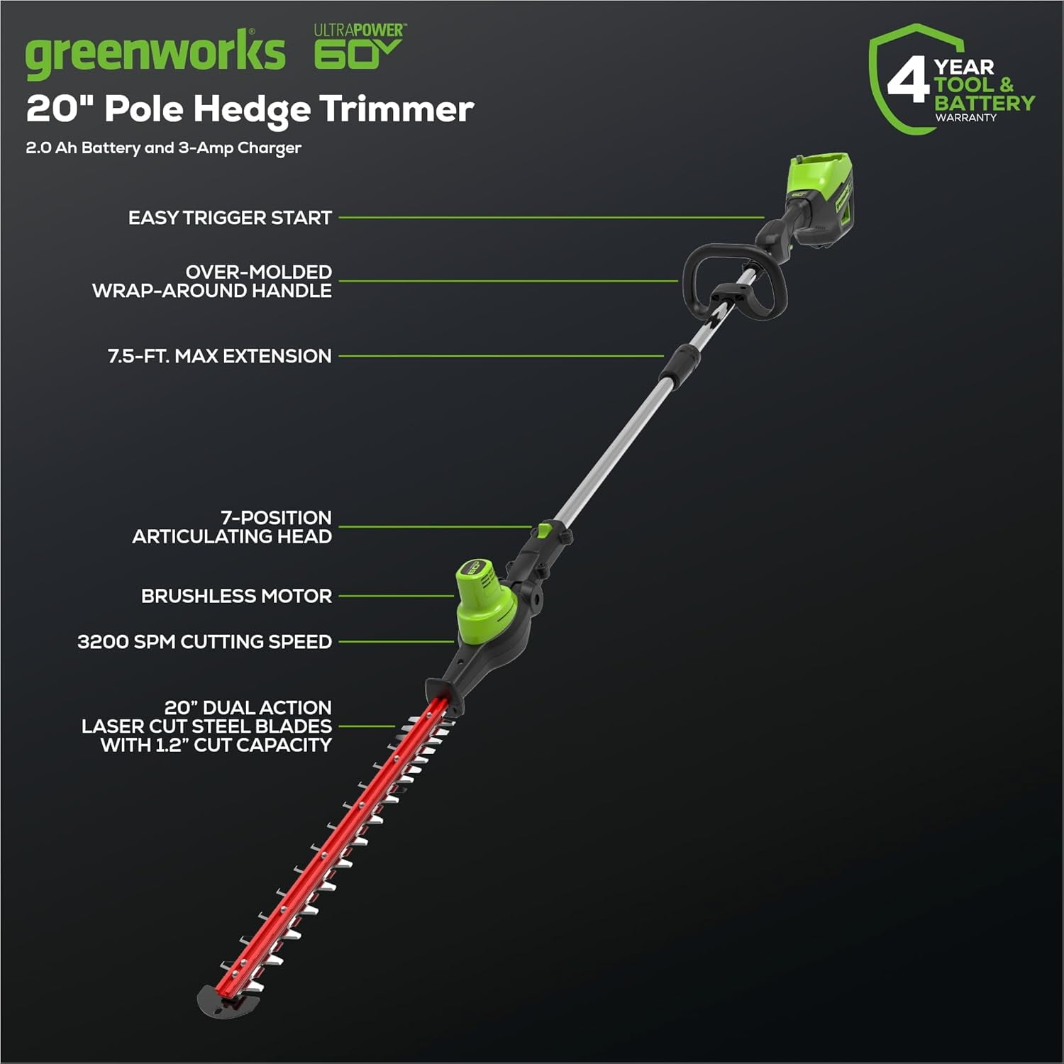 Greenworks 60V 20" Brushless Cordless Battery Powered Pole Hedge Trimmer, 2.0Ah Battery and Charger Included