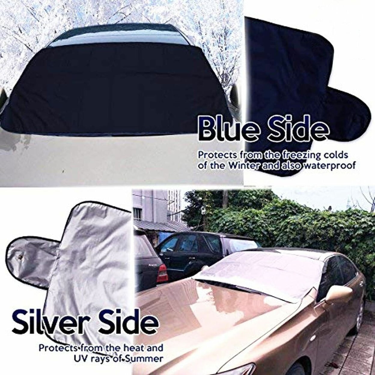 Reversible Windshield Protector Blue Silver Waterproof Cover for Winter Summer Heat