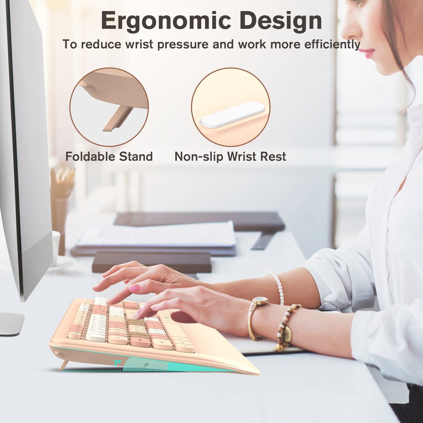 RaceGT Wireless Keyboard and Mouse Combo, Ergonomic Keyboard with Wrist Rest, Sleep Mode, Silent 2.4GHz Cordless Keyboard Mouse Combo for Computer, Laptop, PC, Mac, Windows - Cute Brown, Milk Tea