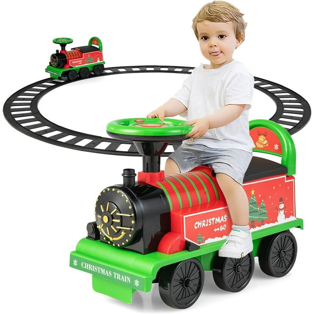 OLAKIDS Kids Ride On Train with Track, 6V Electric Toy with Lights and Sounds, Retractable Footrest, Under Seat Storage, Christmas Theme Battery Powered Gift for Toddlers Boys Girls
