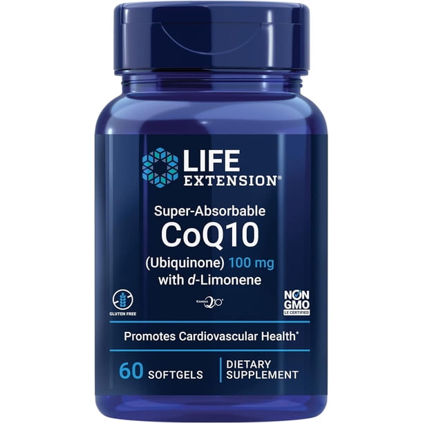 Life Extension | Super-Absorbable CoQ10, Suplemento de CoQ10 superabsorbible (ubiquinona) con D-limoneno, 100 mg, 60 cápsula. Suplemento que favorece la salud cardiovascular.