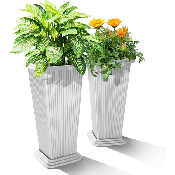 24-Inch Tall Planters Set of 2 for Outdoor and Indoor Use, Tapered Flower Pots with Drainage Tray, Front Porch and Patio Decor, Ideal for Large Plants (Stripes-White)