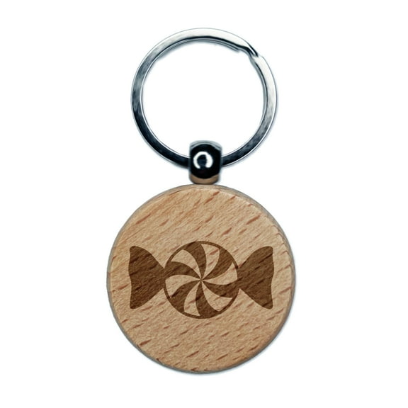 Peppermint Candy Round Keychain Charm Tag - Engraved Wood