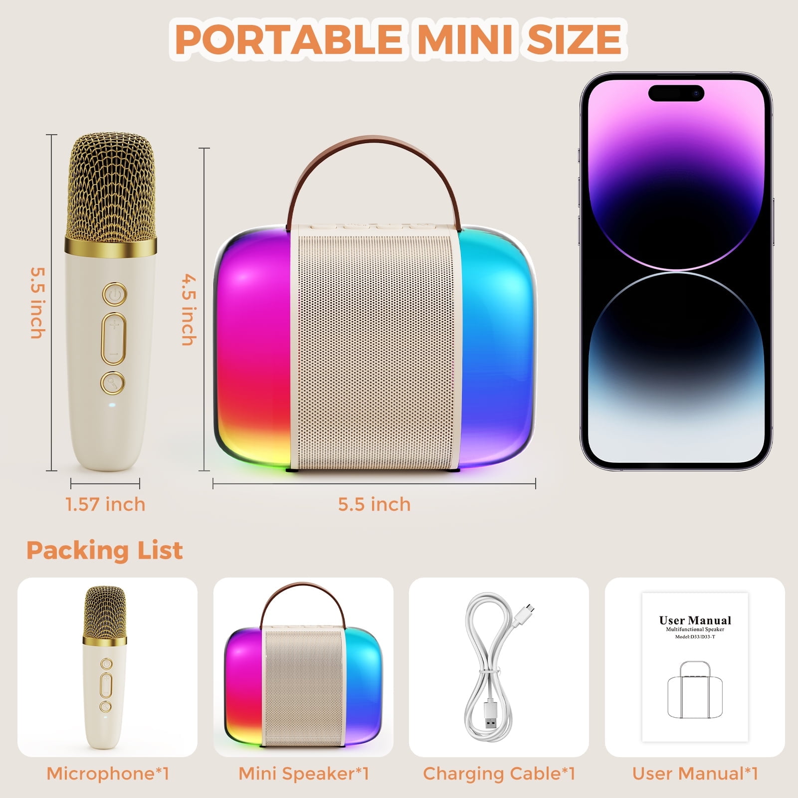 FanFun Karaoke Machine with Colorful LED Lights for Adults Kids, Bluetooth 5.3 Portable Karaoke Speaker with Wireless Mic for Party, Ideal Gifts for Girls/ Boys, D33 (Beige-1MIC)